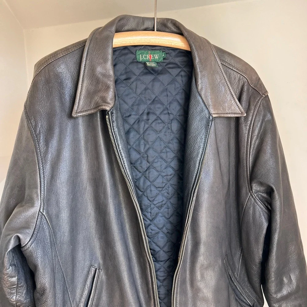 Vintage J. Crew Leather Jacket Size L Brown 90s Oarsman Full Zip Bomber Coat